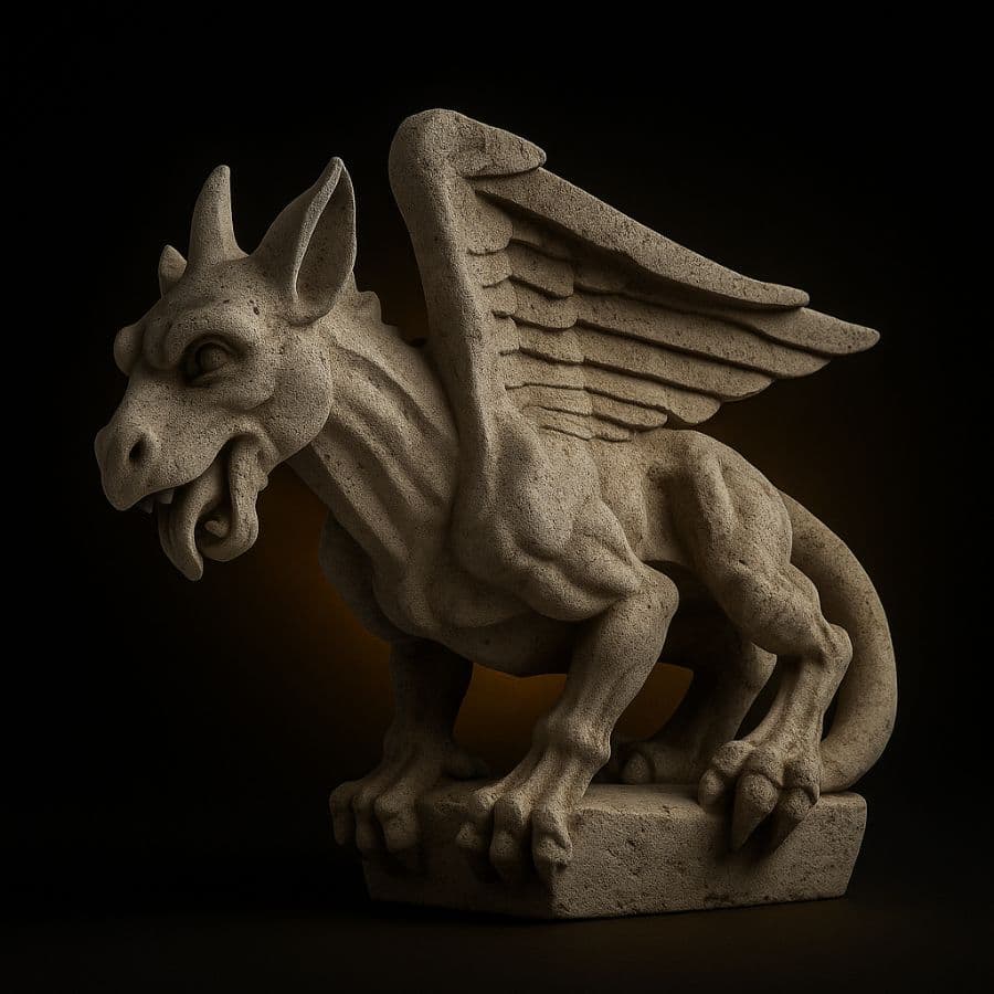 Gárgola alada tallada en cantera