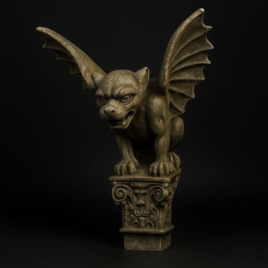 Gárgola alada sobre base ornamental