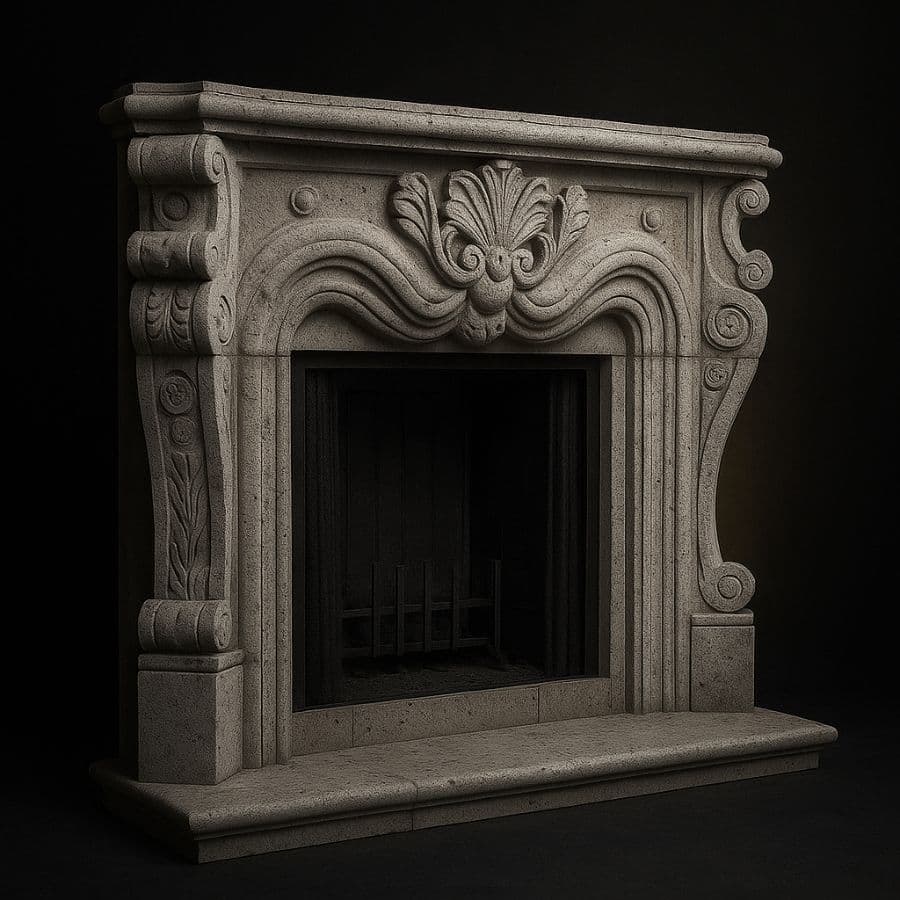 Chimenea barroca con roleos en cantera