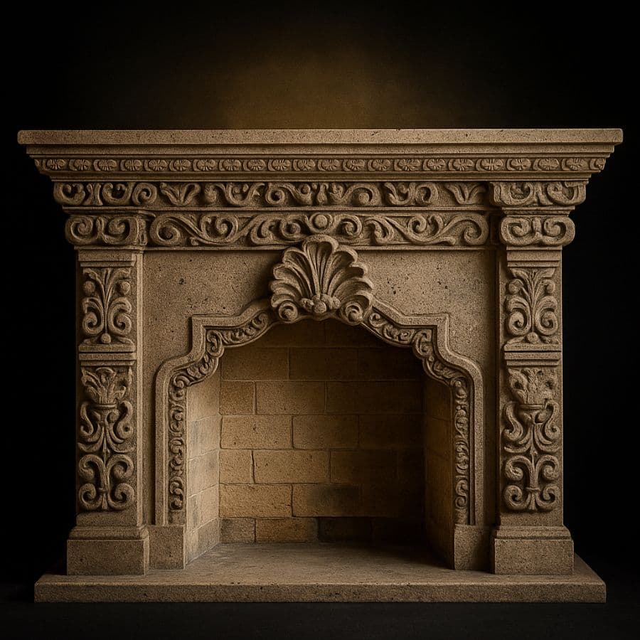 Chimenea colonial con concha y roleos en cantera