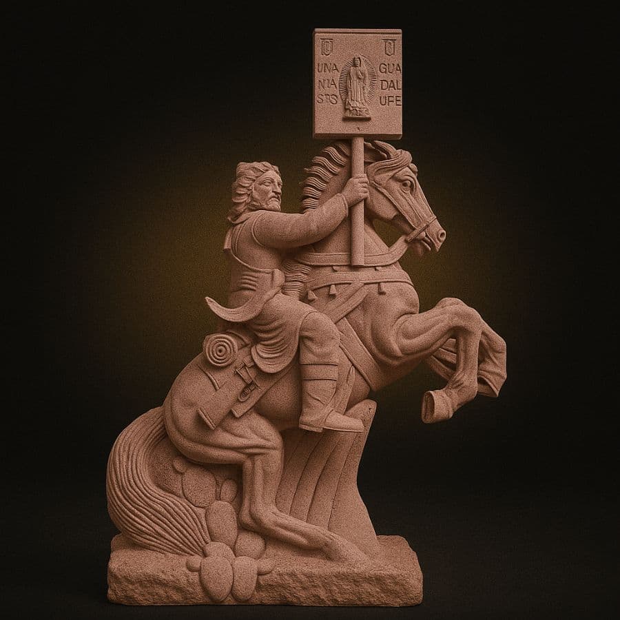 Jinete con estandarte de Guadalupe en cantera rosa