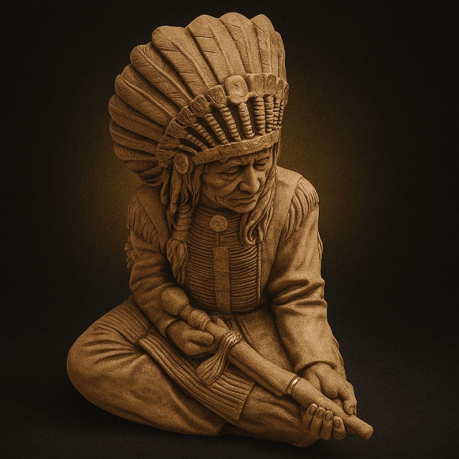 Jefe nativo sentado con pipa en cantera