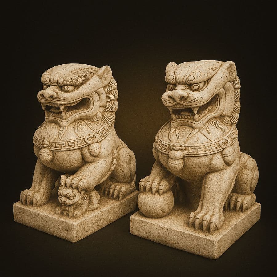 Pareja de leones guardianes (Foo Dogs) en cantera