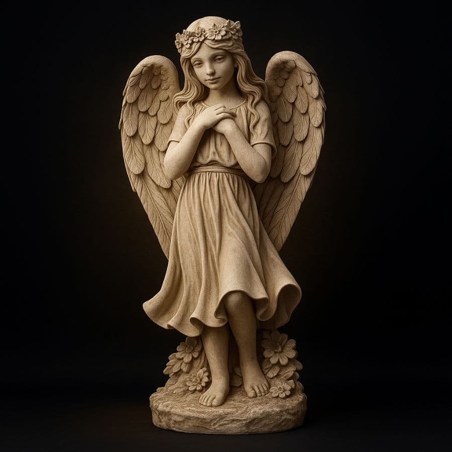 Ángel juvenil con manos al pecho en cantera