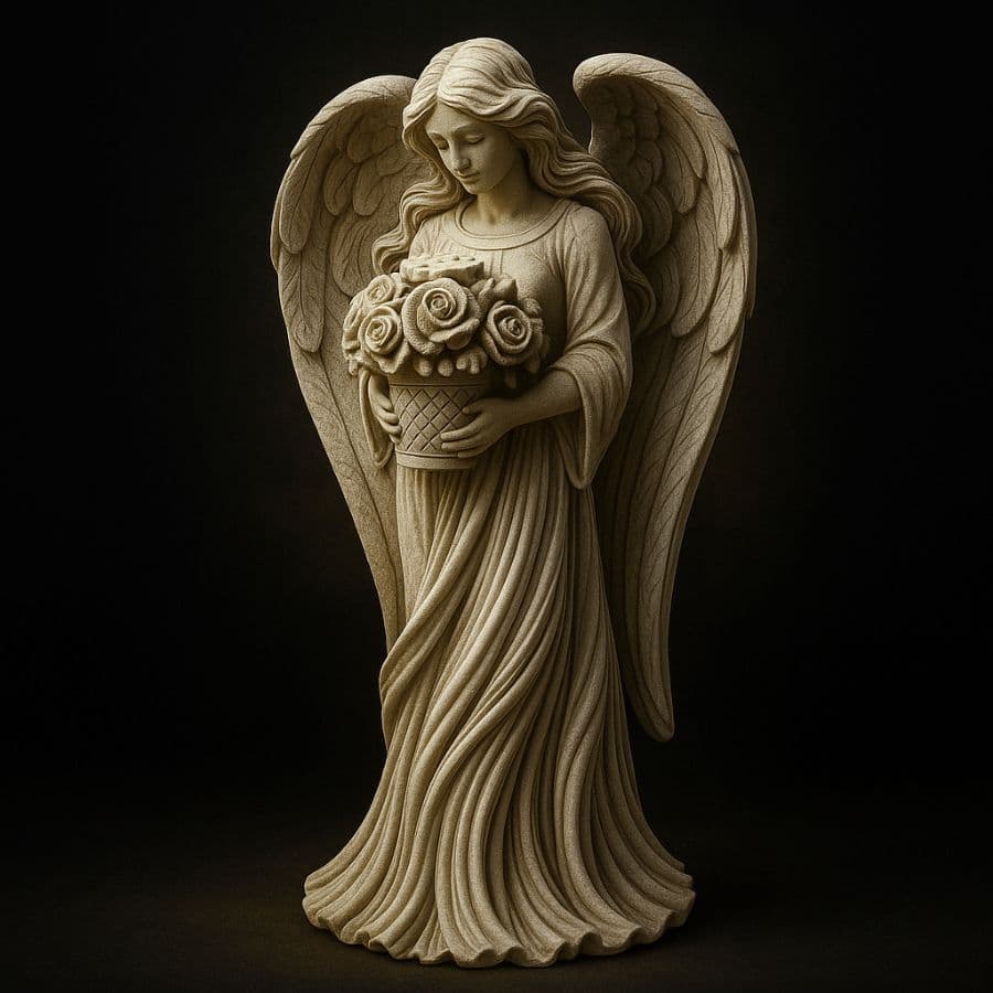 Ángel con cesta de rosas en cantera