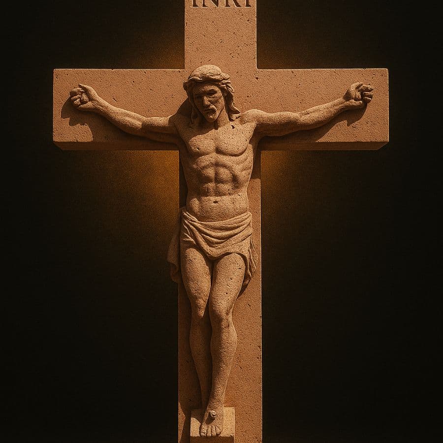 Cristo crucificado en cruz de cantera rosada