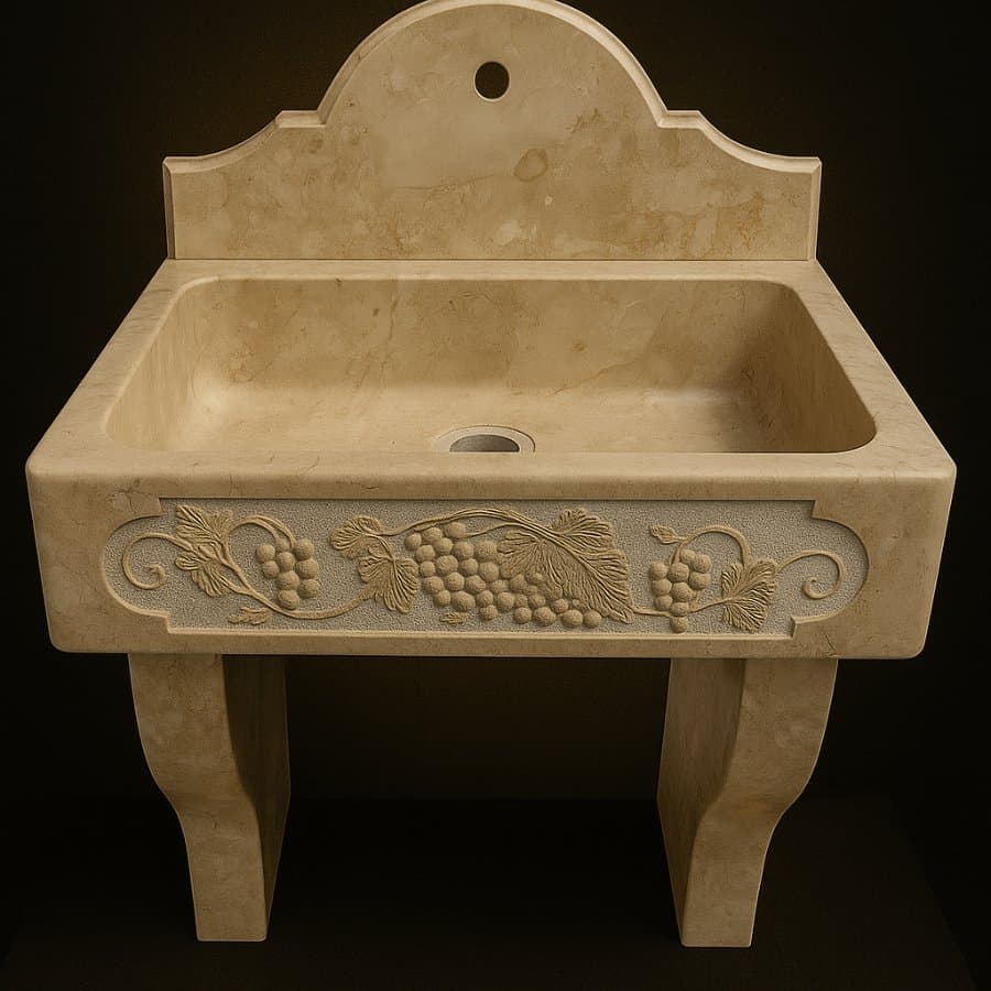 Lavabo mural — Uvas (Cantera Costera Dorado) — tallada a mano en Escolásticas, Querétaro