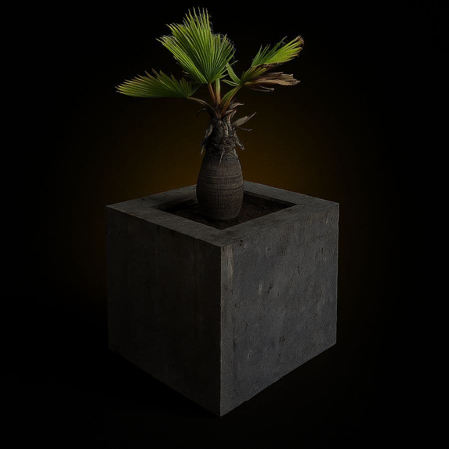 Maceta cuadrada gris con palma