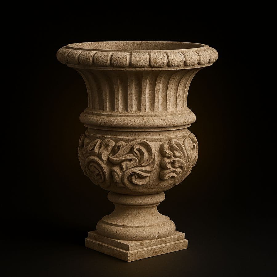 Maceta ornamental grande con relieves florales