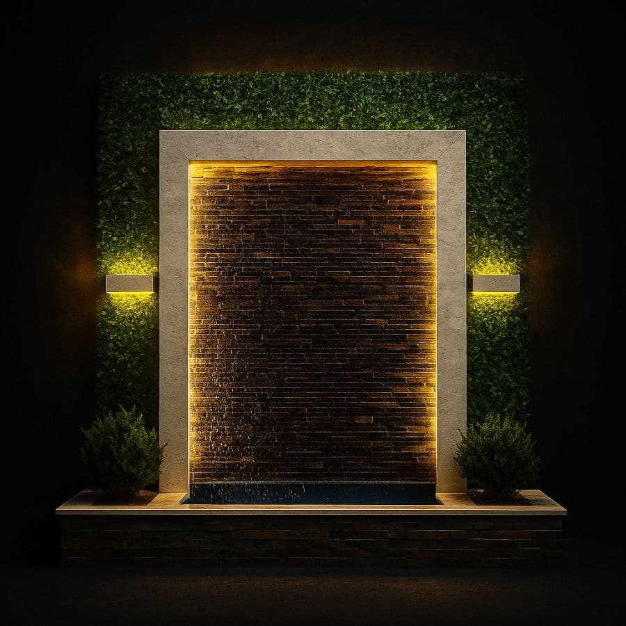 Muro llorón de cantera con caída laminar y espejo de agua