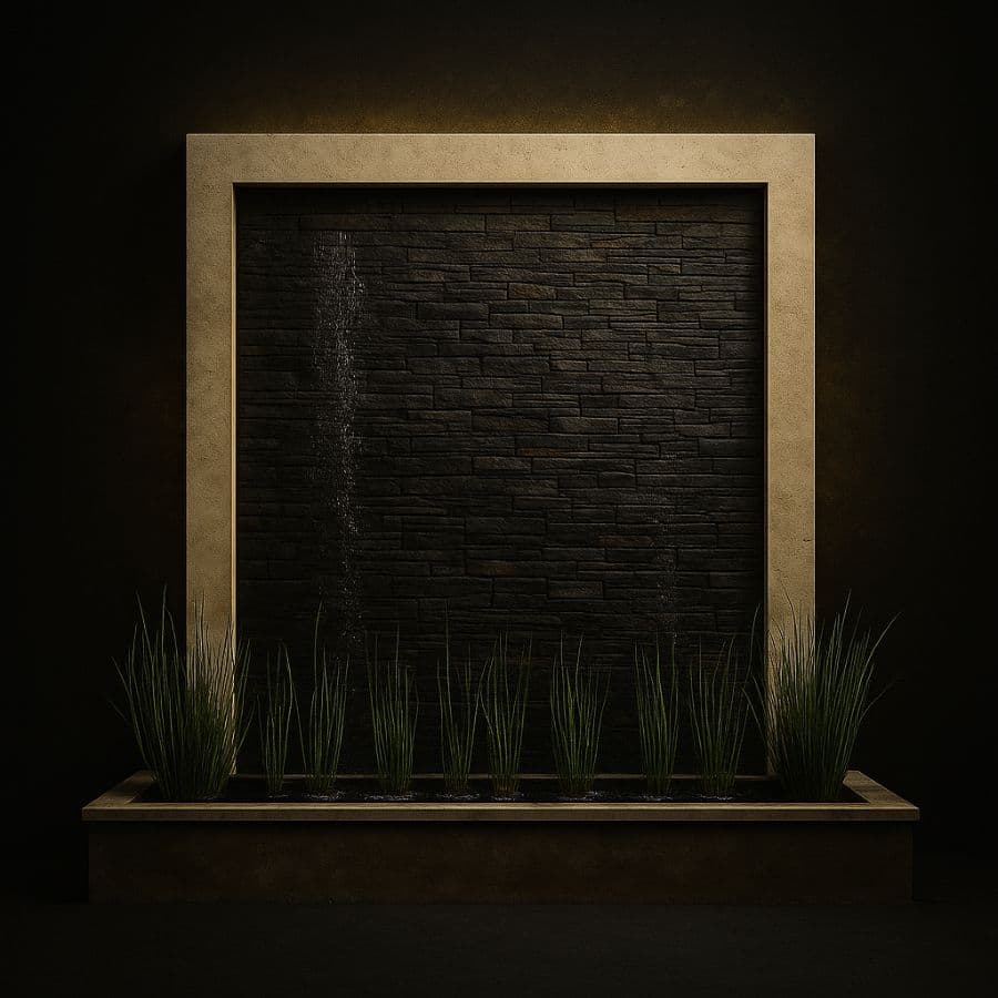 Muro llorón en piedra laja con jardineras laterales