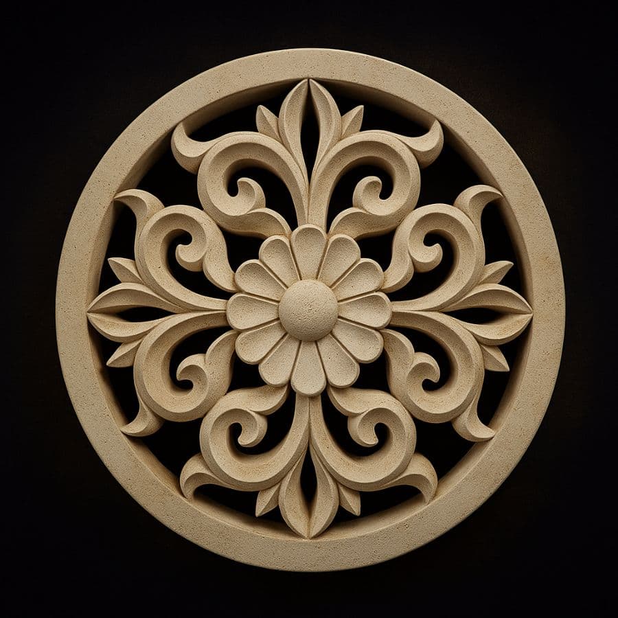 Rosetón circular floral en cantera beige
