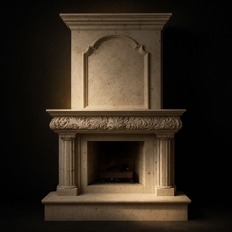 Chimenea imperial con sobrepanel y friso de acantos — cantera natural tallada en Escolásticas, Querétaro