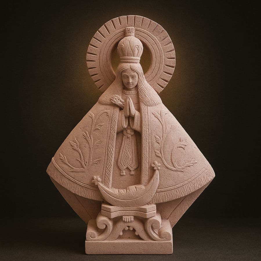 Virgen de Guadalupe en cantera rosada — tallada a mano en Escolásticas, Querétaro