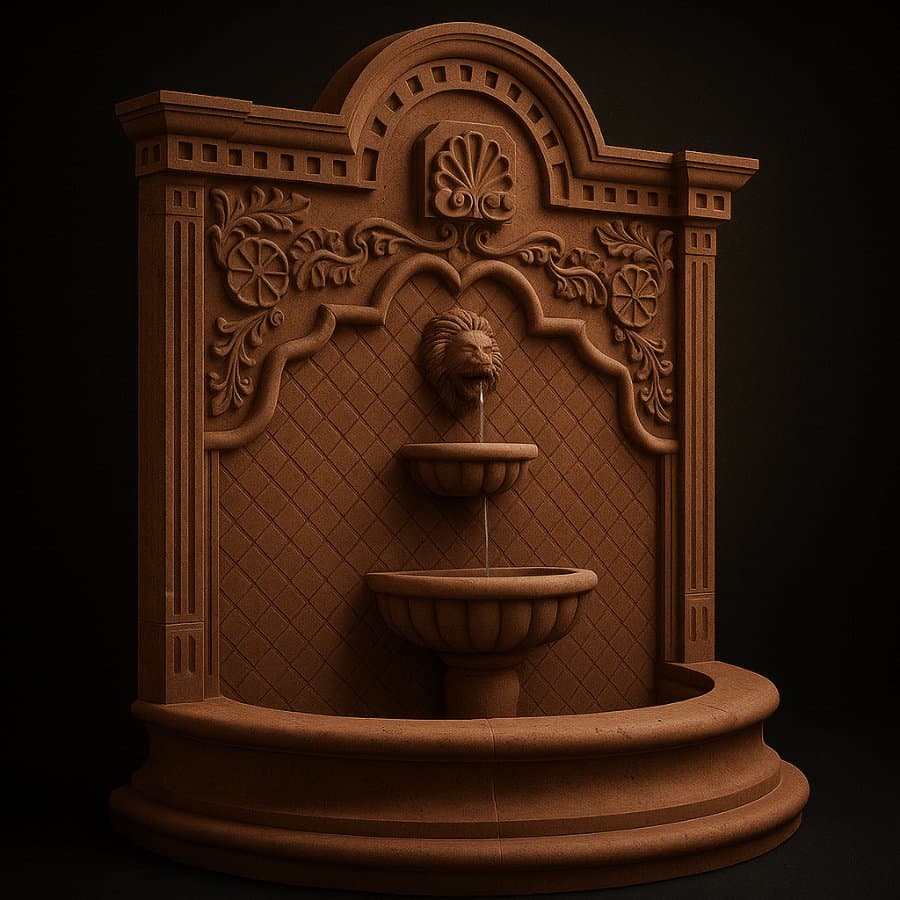 Fuente de pared — Flor y león (Cantera terracota)