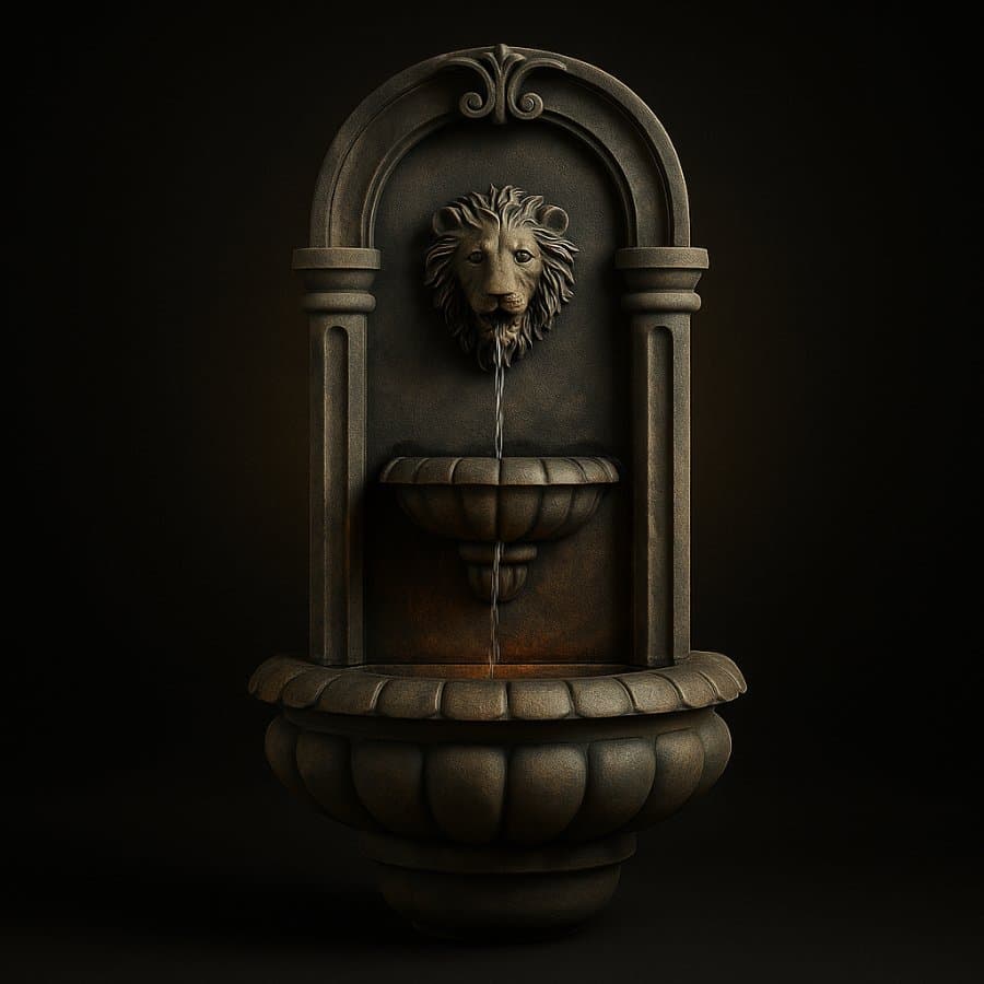Fuente de pared con león — Cantera gris oscuro — tallada a mano en Escolásticas, Querétaro