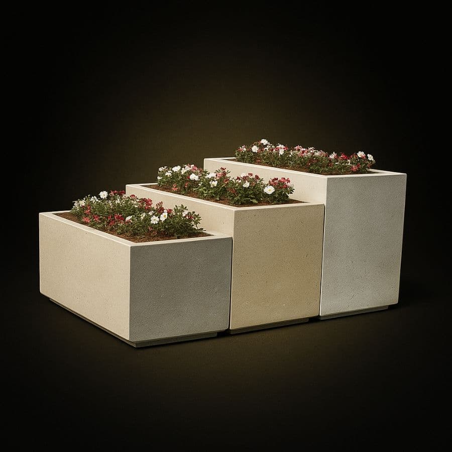Jardinera rectangular de cantera gris — tallada a mano en Escolásticas, Querétaro