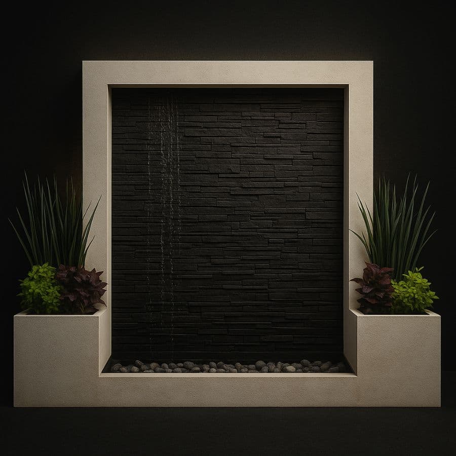 Muro llorón con marco escalonado y luz perimetral — cantera natural tallada en Escolásticas, Querétaro